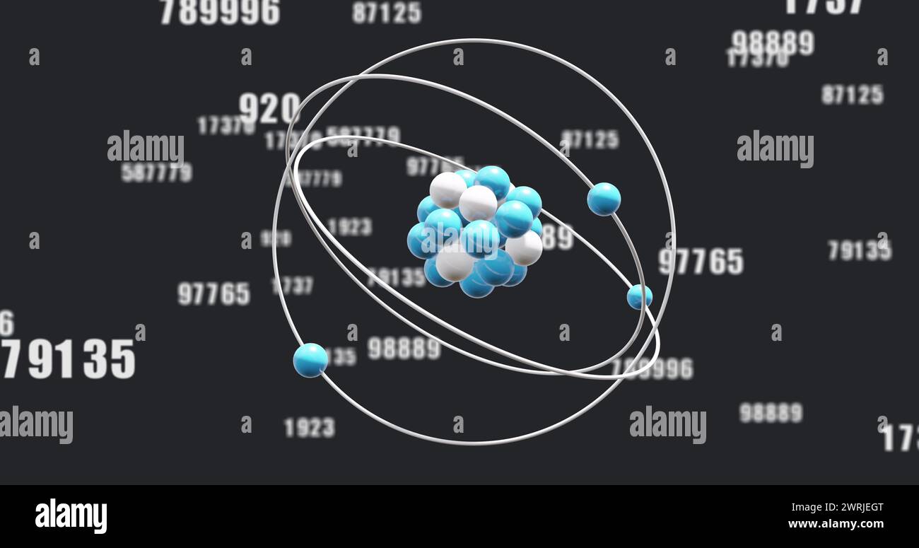 Bild des Mikros von Atommodellen und -Zahlen auf schwarzem Hintergrund Stockfoto