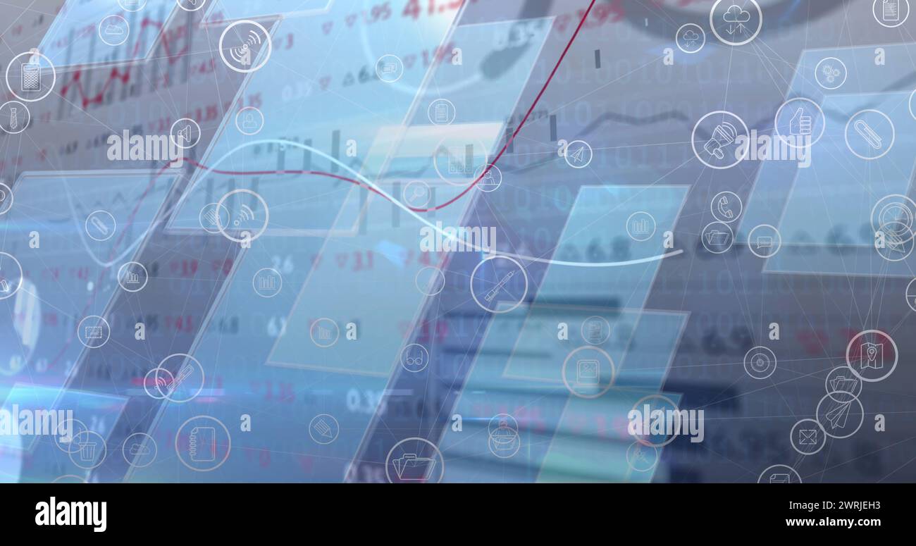 Bild der Datenverarbeitung und digitalen Symbole auf blauen digitalen Bildschirmen Stockfoto