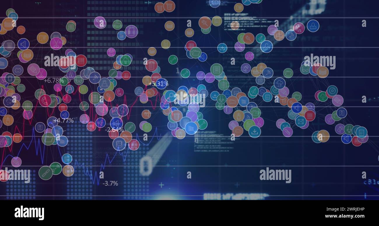 Bild von digitalen Symbolen und Datenverarbeitung auf blauem Hintergrund Stockfoto