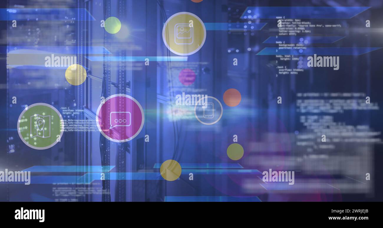 Bild von digitalen Symbolen und Datenverarbeitung im Stadtbild Stockfoto
