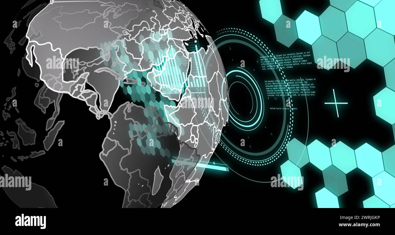 Bild der Datenverarbeitung und des Globus-over-Scopes-Scans Stockfoto
