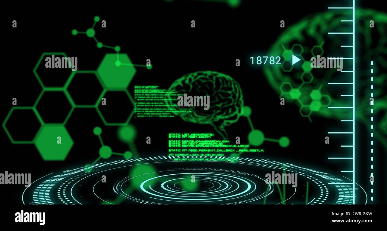 Bild der Datenverarbeitung und menschlichen Gehirne über dem Scans Stockfoto