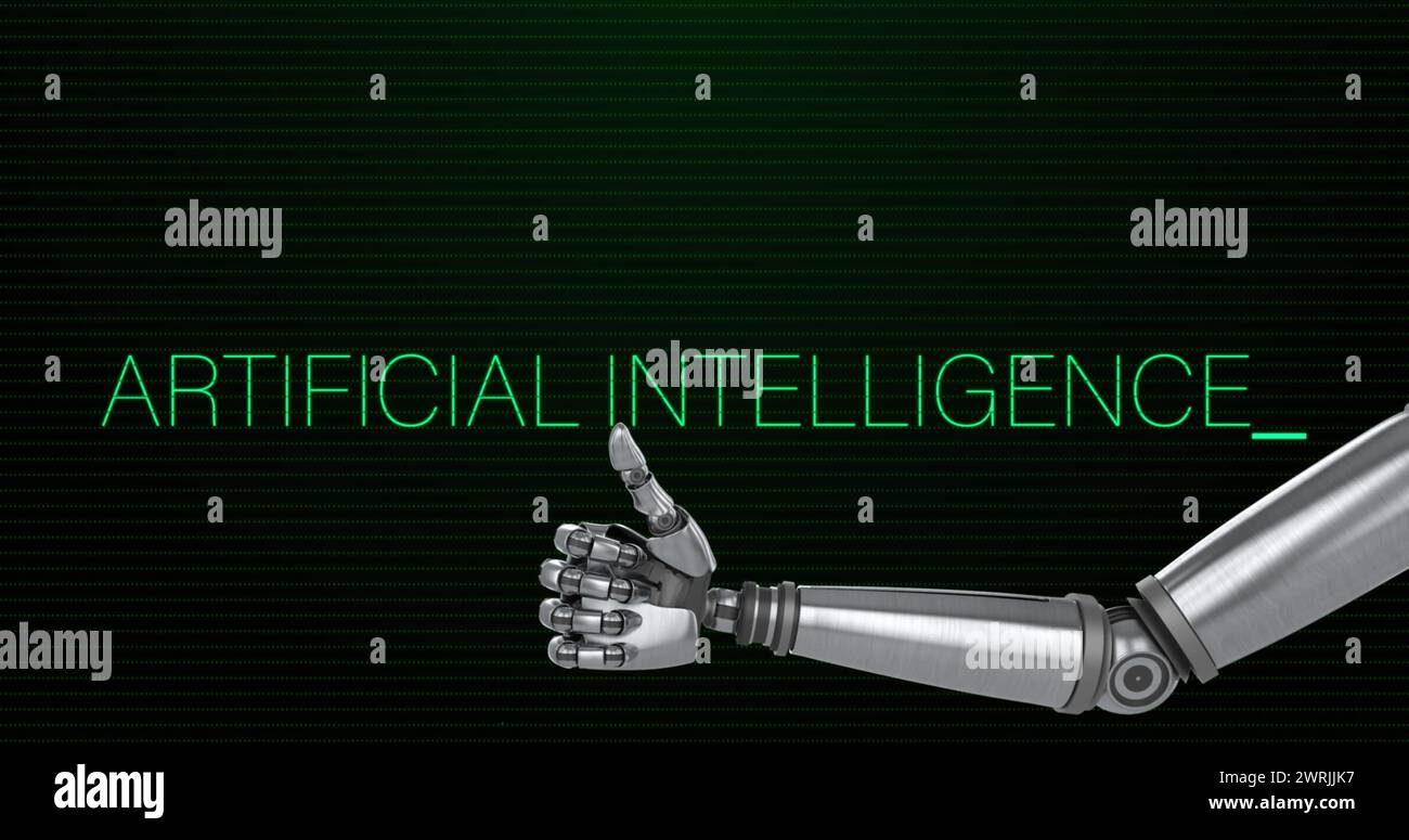 Bild des Textes der künstlichen Intelligenz über dem Roboterarm Stockfoto