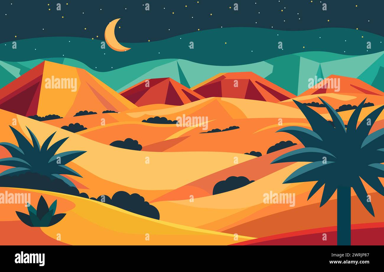 Flache Design-Illustration der Dünen in der arabischen Wüste mit Halbmond bei Nacht Stock Vektor