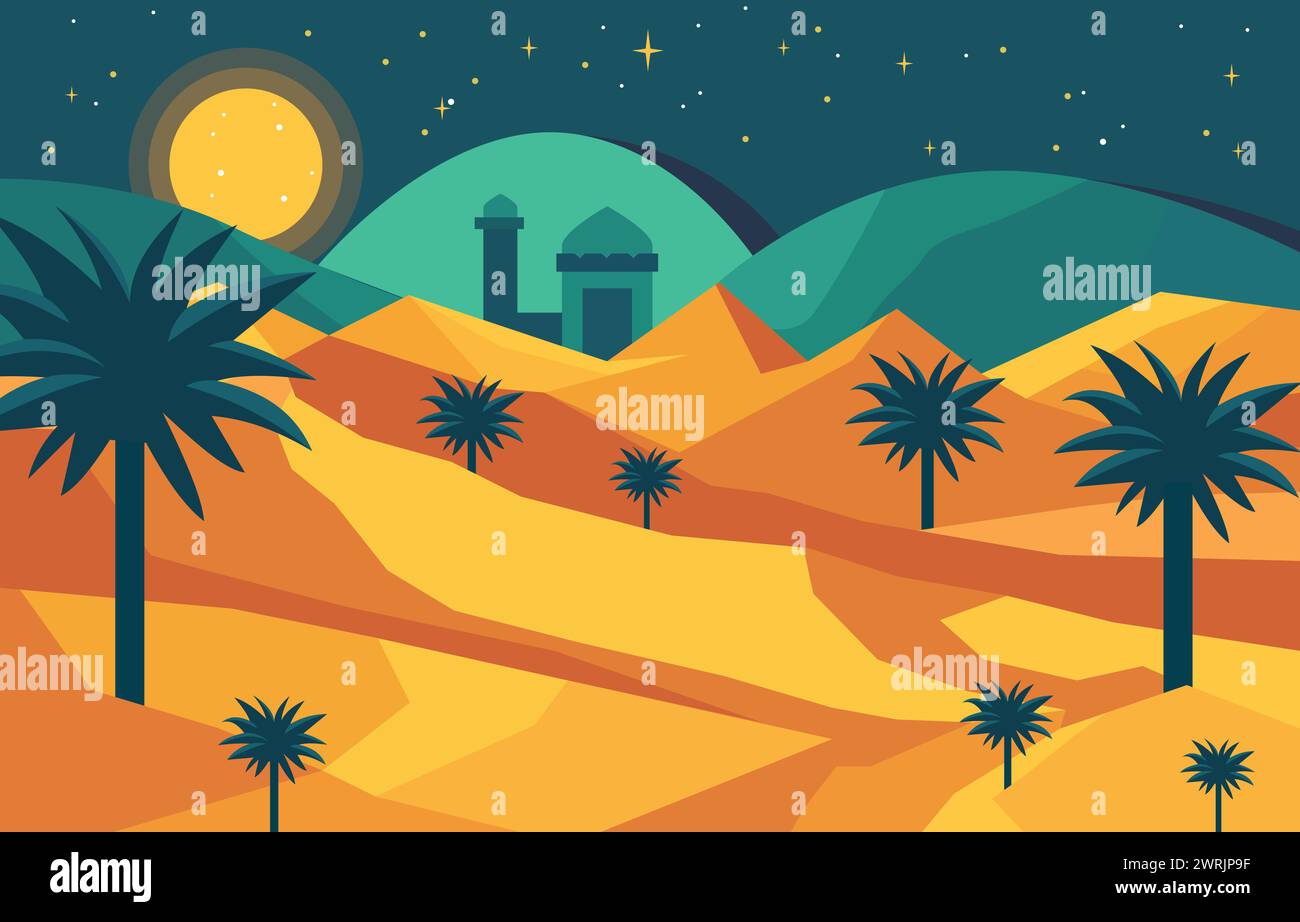 Flache Design-Illustration des Moschee-Gebäudes mit Dattelbäumen in der arabischen Wüste bei Nacht Stock Vektor