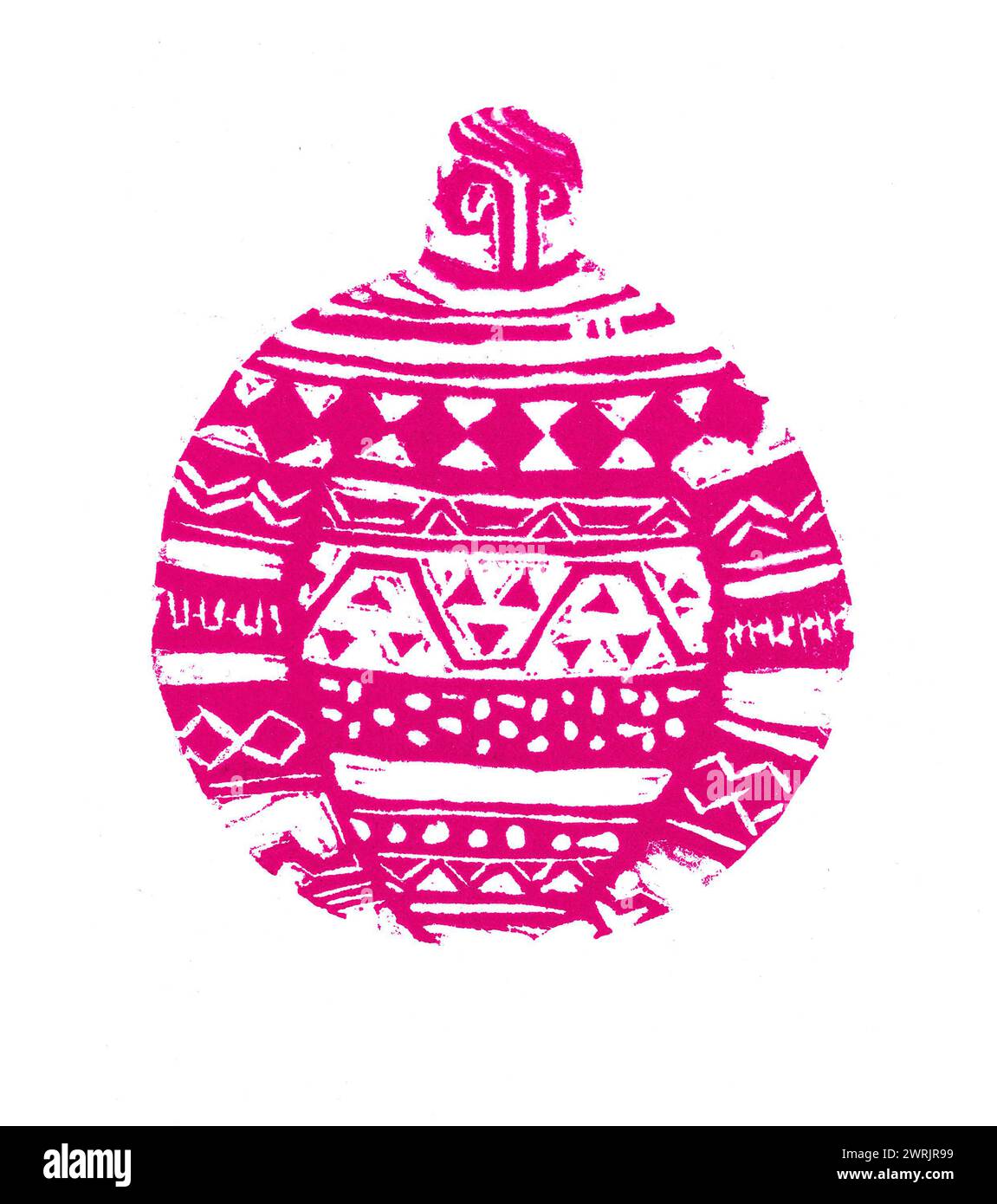 Die Illustration der Kugel ist mit rosa Ornamenten gefüllt. Isoliert auf weißem Hintergrund. Dekorative Zeichnung eines Mannes in einem Pullover oder Weihnachtsbaumschmuck. Stockfoto