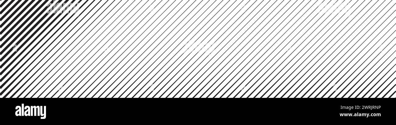Schwarze diagonale Linien mit einem Übergang von dünner zu dicker Dicke. Gestreifte verlaufende Tapete in Tinte gezeichnet. Abstrakter geometrischer Hintergrund mit Stock Vektor