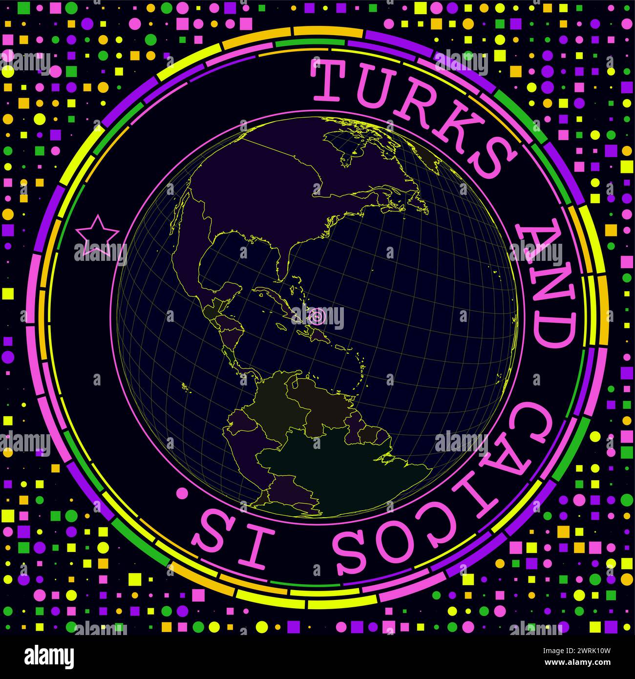 Futuristische Türken und Caicos auf der Welt. Heller Neon-Satellitenblick auf die Welt mit Blick auf Türken und Caicos. Stock Vektor