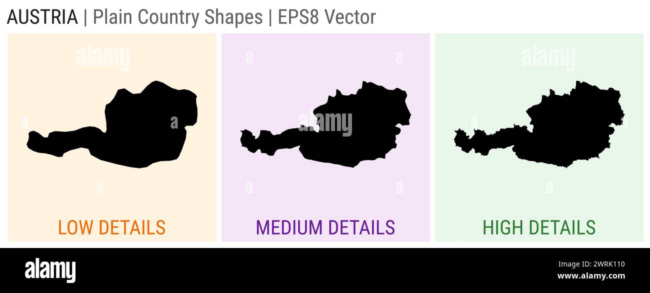 Österreich - einfache Landform. Detaillierte Karten von Österreich mit niedriger, mittlerer und hoher Detailtiefe. EPS8 Vektordarstellung. Stock Vektor