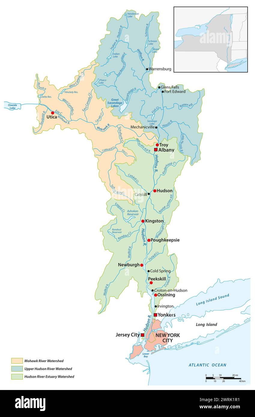 Karte des Wassereinzugsgebiets des Hudson River, New York, Vereinigte Staaten Stockfoto