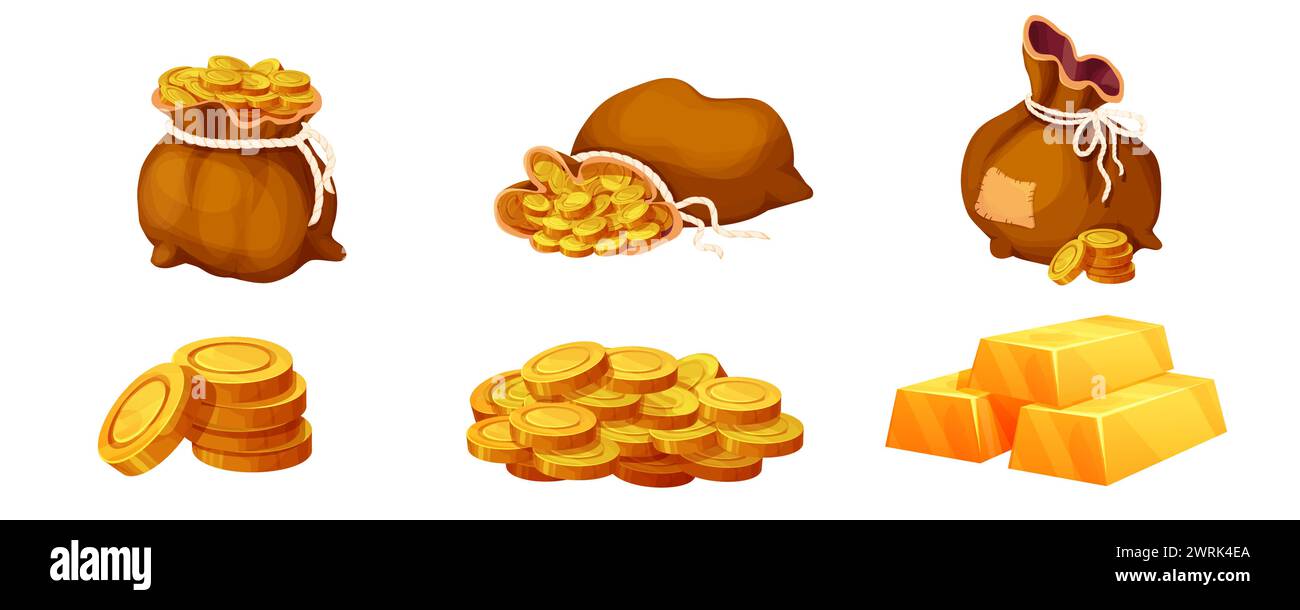 Set Sack, Tasche mit Goldmünzen, Stapel goldener Steine, glänzendes Schatzspiel auf weißem Hintergrund. Vektorabbildung Stock Vektor