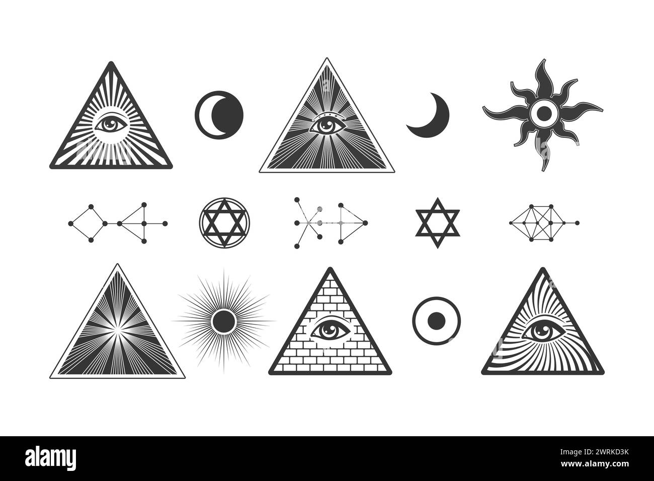 Illuminaten-okkulte Symbole gesetzt, Freimaurer-allsehende Augenpyramide, Vektorelemente isolieren auf weiß Stock Vektor
