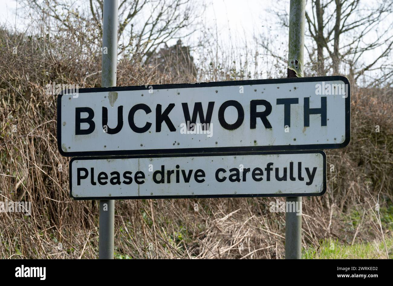 Buckworth Village Schild, Cambridgeshire, England, Großbritannien Stockfoto