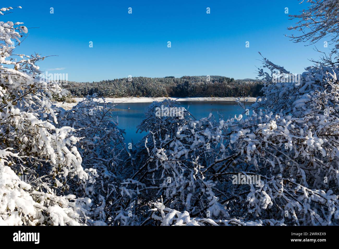 Lac de Lavalette entourée d’une forêt de sapins, dans les Gorges du Lignon, sous les premières neiges de l’hiver Stockfoto