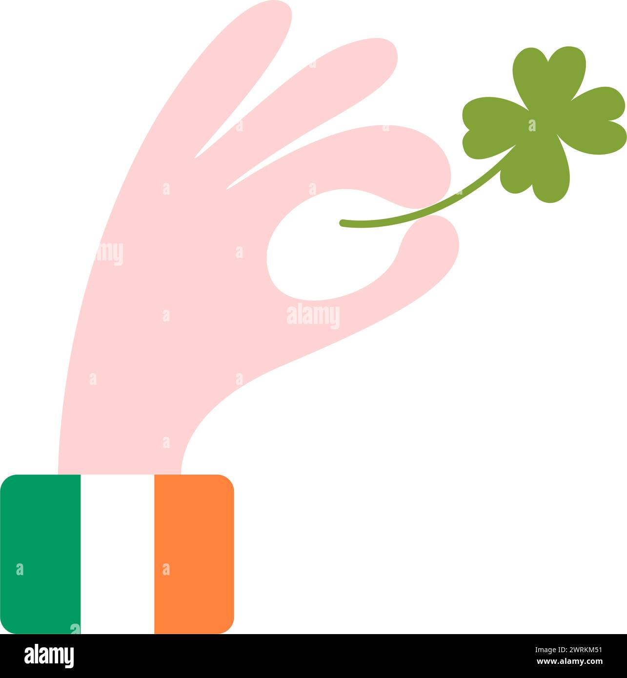 St. Patrick's Day. Shamrock mit vier Blättern in der Hand, Farben der irischen Flagge auf dem Hemdärmel. Isoliertes Element Stock Vektor
