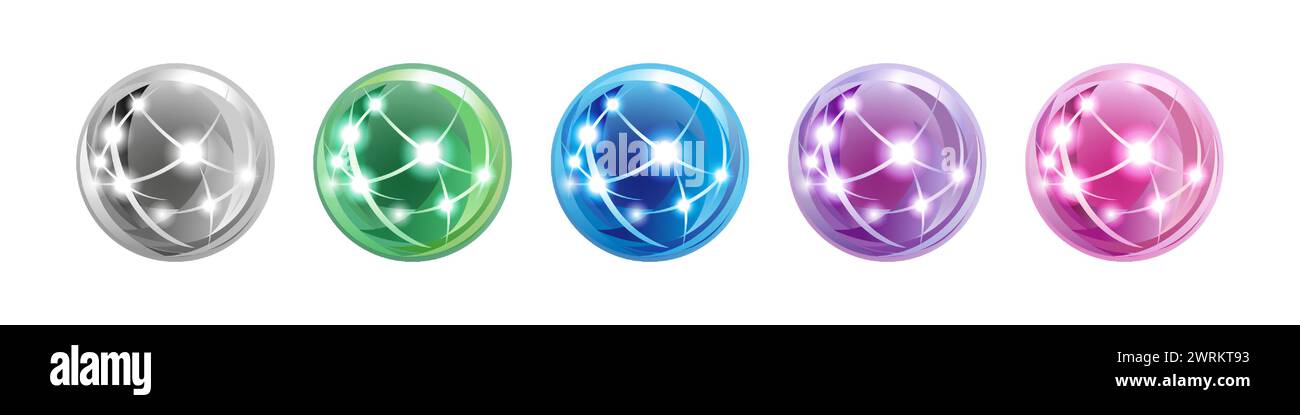 Set mit niedlichen, glänzenden Kugeln. Symbole für Telekommunikation oder Reise. Weihnachtsdekoration. Planet Earth Symbol, globales Geschäftskonzept. Blau, Grün, Pink, pur Stock Vektor