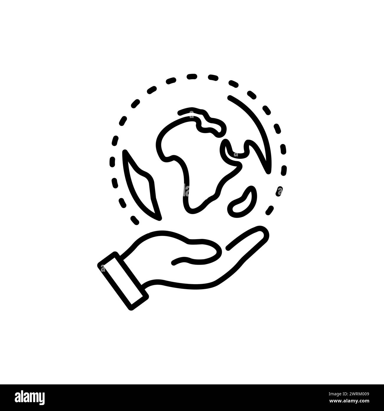 Symbol „Human Environmental Protection Line“. Lineares Piktogramm Für Den Umweltschutz. Hand Hält Das Symbol Für Die Umrisslinie Des Erdplaneten. Globale Natur Speichern. Stock Vektor
