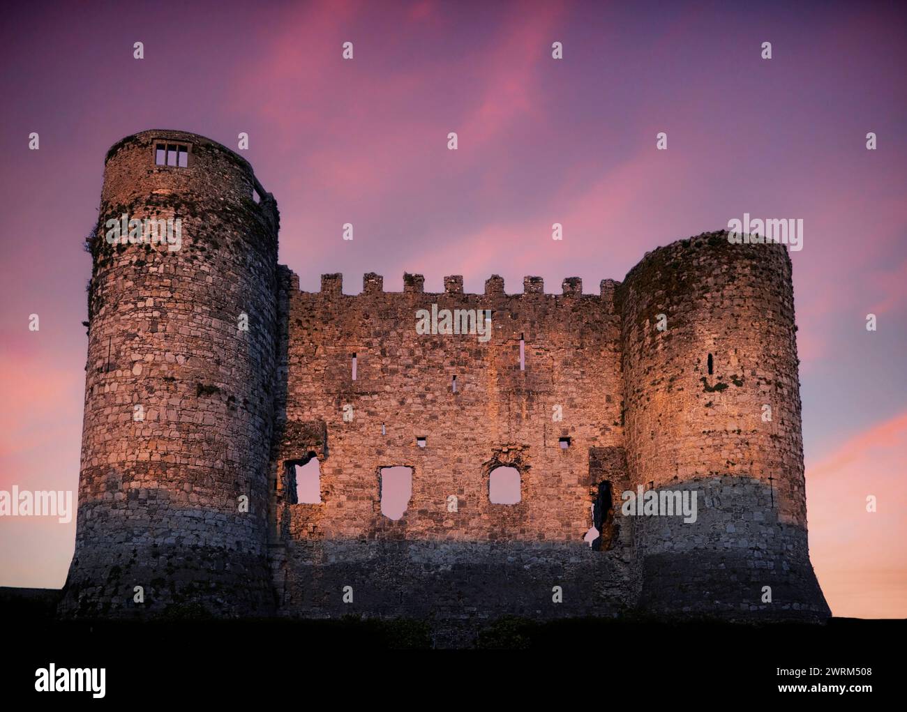 Die auffällige verbliebene Mauer und Türme von Carlow Castle aus dem 13. Jahrhundert in Carlow Town, Irland Stockfoto