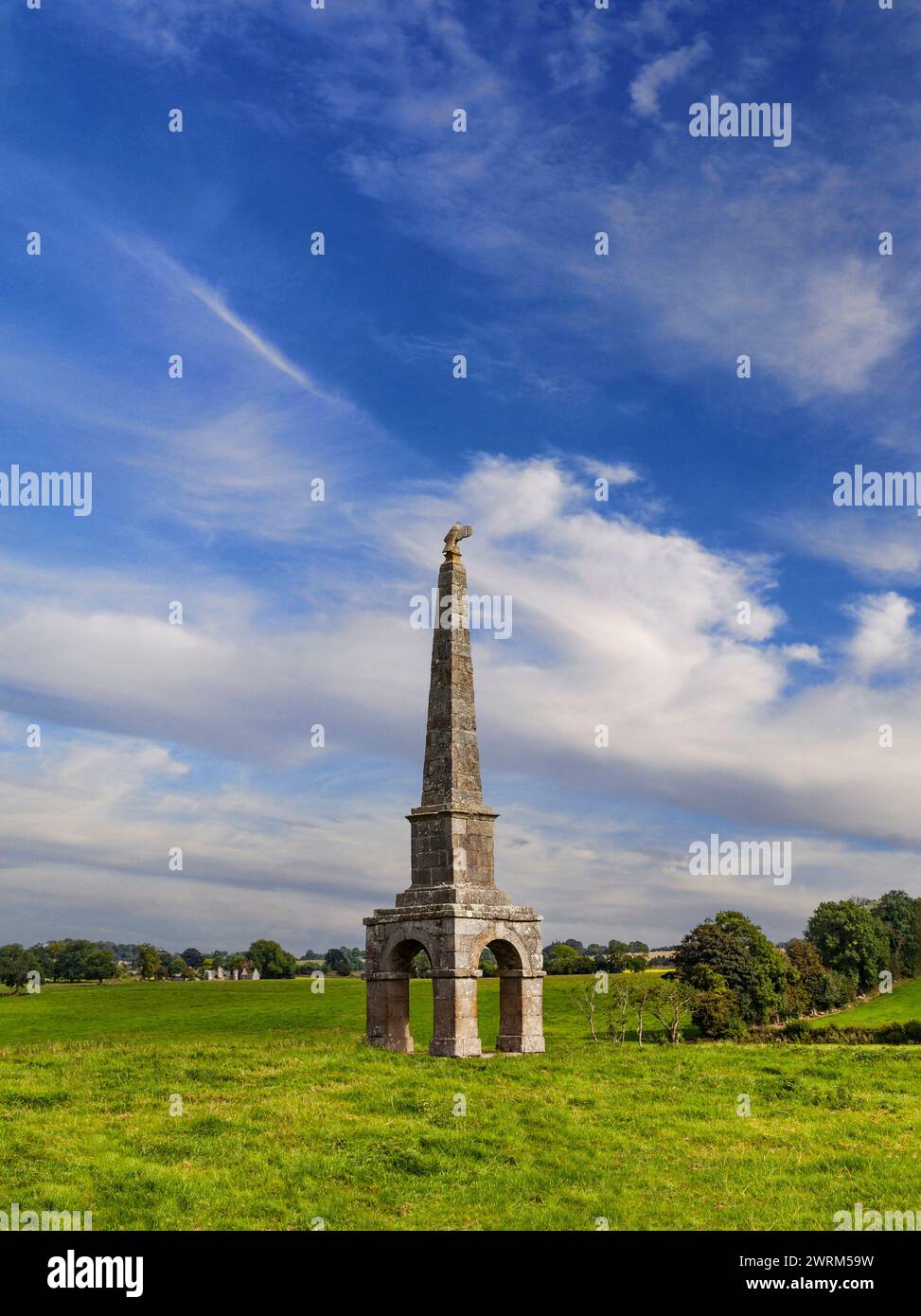 Der aus dem 18. Jahrhundert stammende Granitadler-Obelisk auf dem alten Belan-Anwesen in der Nähe von Moone, County Kildare, Irland Stockfoto