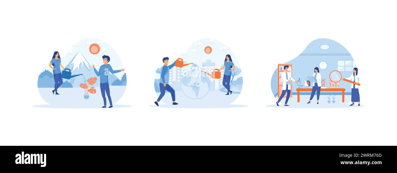 Weltumwelttag, Tag mit Bäumen, die darauf wachsen, Ökologie, gemeinsame Systeme, Forschung biologische und chemische. Bio-Technologie setzt flache Vektoren modern Stock Vektor