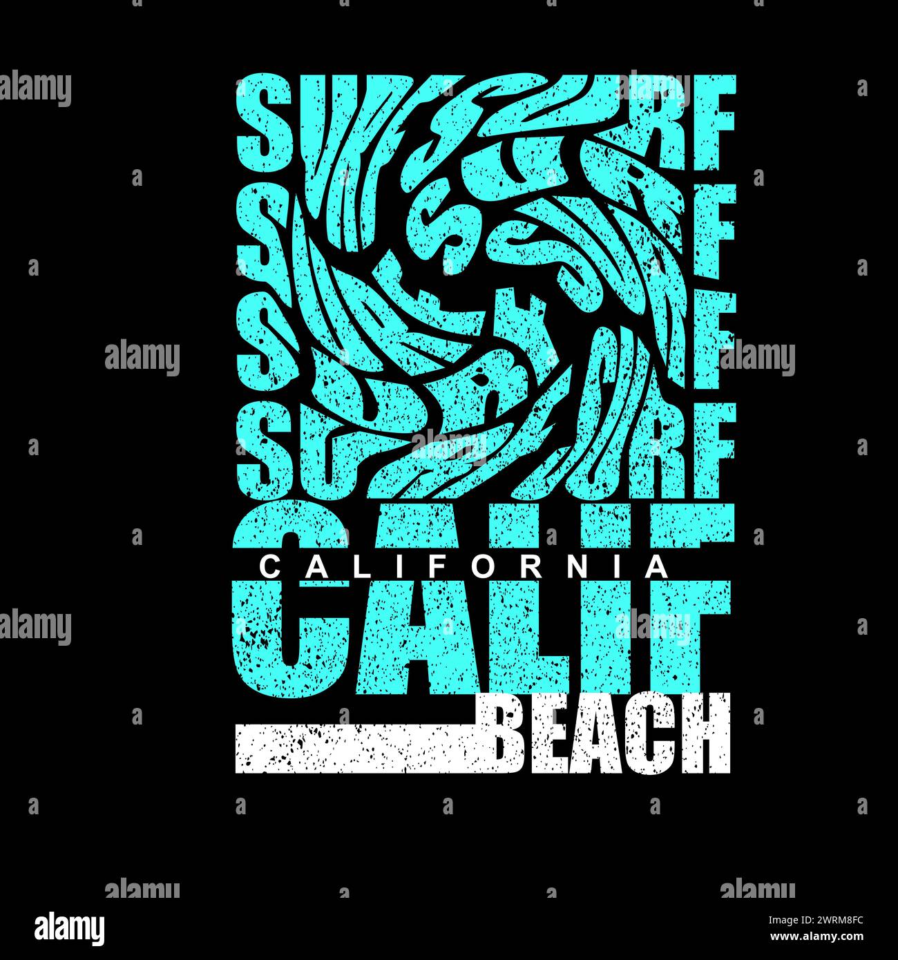 Kalifornien Strand Typografie Wirbel Buchstaben Grunge Distress Surf Poster schwarze Hintergrund Vektor Illustration T-Shirt Design Vektor Grafiken Stock Vektor