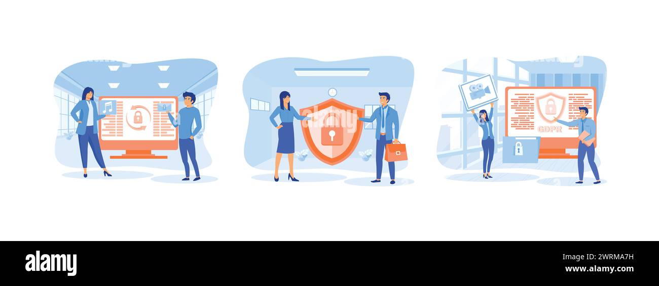 Allgemeine Datenschutzbestimmungen. Kontrolle über ihre persönlichen Datenvektoren. Persönlichkeitsüberprüfung. Allgemeine Privatsphäre Set flache Vektor Moderne Illustration Stock Vektor