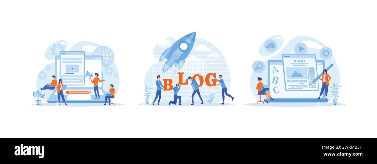 Content-Management, Bloggen Medienentwicklung, Online-Werbung und -Unterhaltung, das Konzept, Blogartikel mit menschlichen Charakteren zu erstellen. Blog Stock Vektor