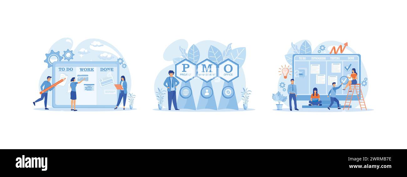 Agiles Projektmanagement-Konzept, Hintergrund des Geschäftskonzepts, agiles visuelles Projektmanagement, Teamwork-Konzept. Projektmanagement flach festlegen V Stock Vektor
