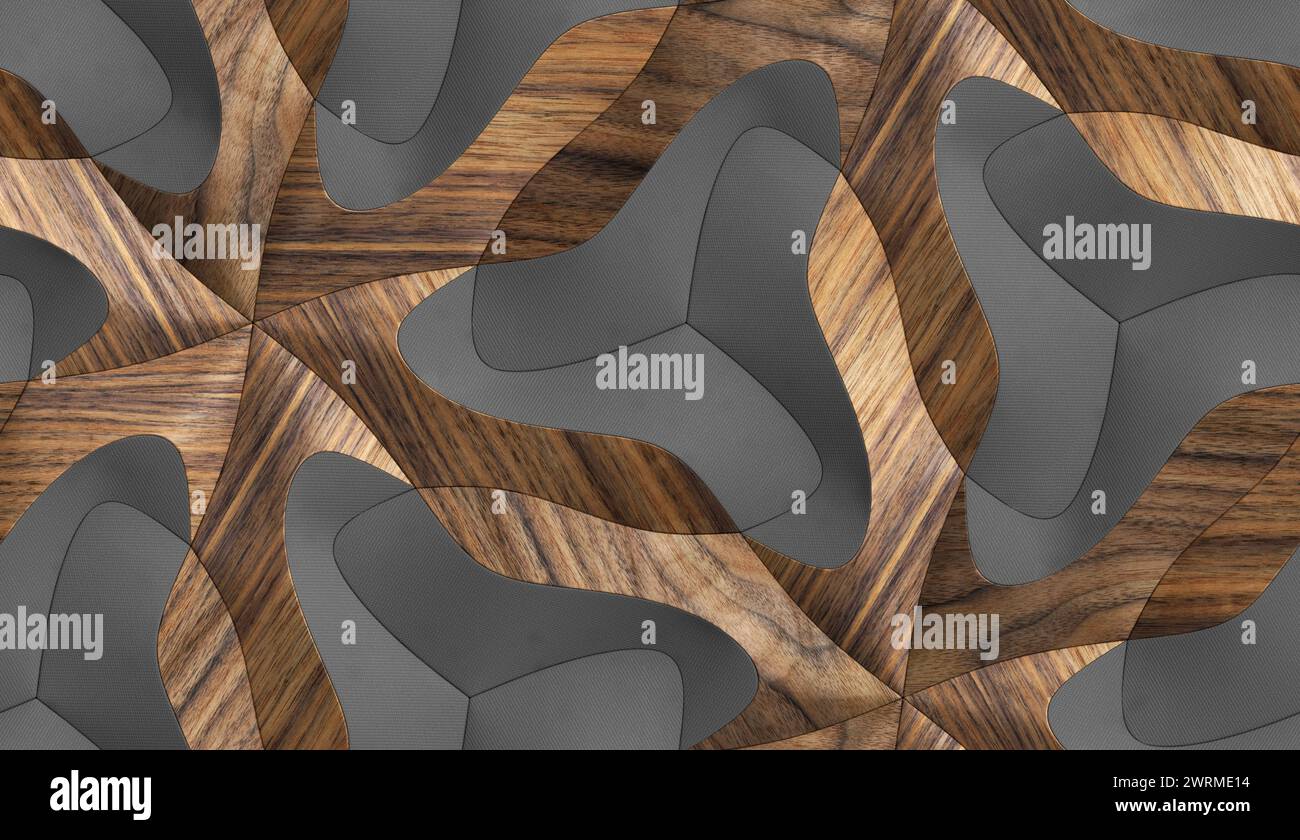 Feste Fliesen aus 3D-Holz und grauem Stoff mit hochwertiger, nahtloser, realistischer Textur Stockfoto
