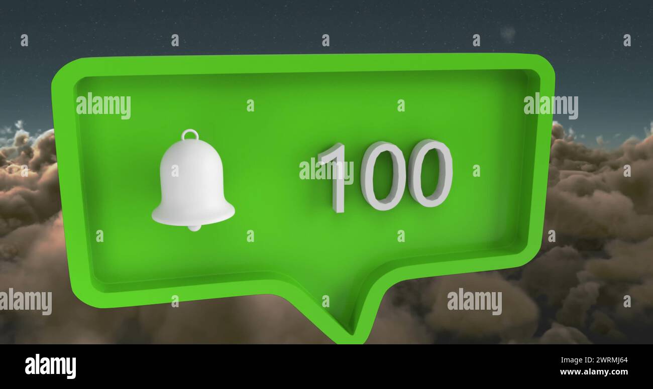 Bild des Warnsymbols mit Zahlen auf der Sprechblase über Himmel und Wolken Stockfoto