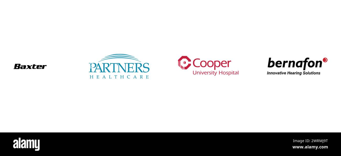 PARTNER HEALTH CARE, BAXTERM COOPER UNIVERSITY HOSPITAL, BERNAFON. Redaktionelle Vektor-Logo-Kollektion. Stock Vektor