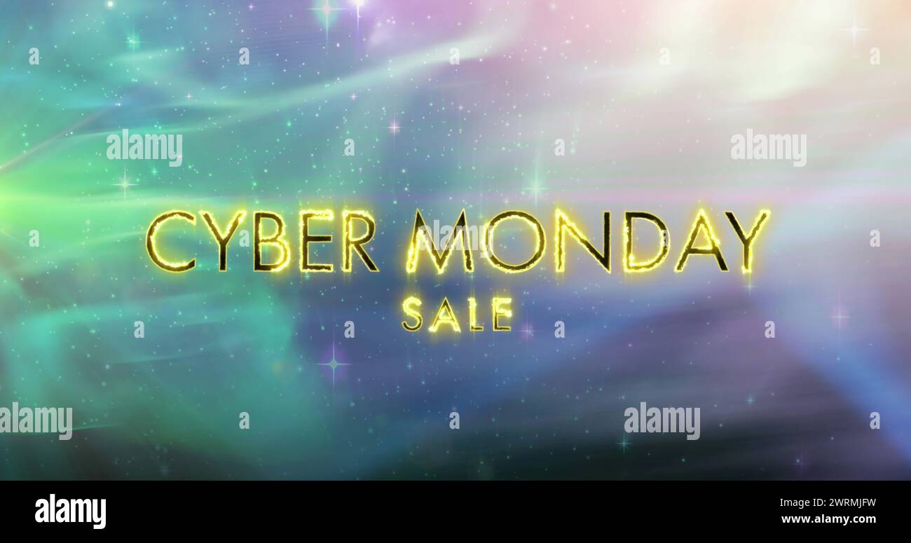 Bild von Cyber monday Verkauf Text auf Feuer über glühenden grünen bis lila Hintergrund Stockfoto