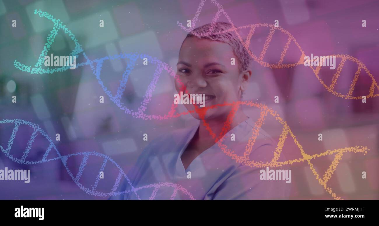 Bild von dna-Strängen über birassischer Ärztin im Krankenhaus Stockfoto