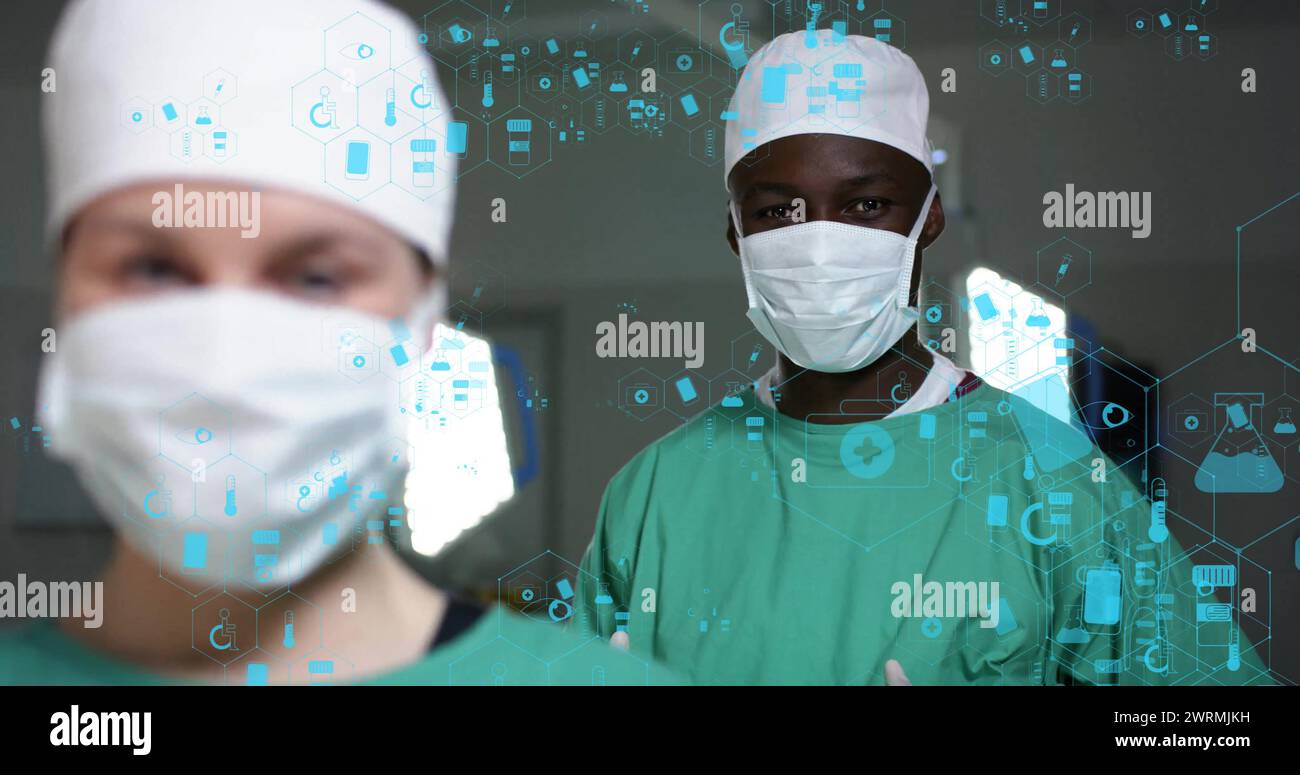 Bild des dna-Strangs über verschiedenen Chirurgen im Krankenhaus Stockfoto