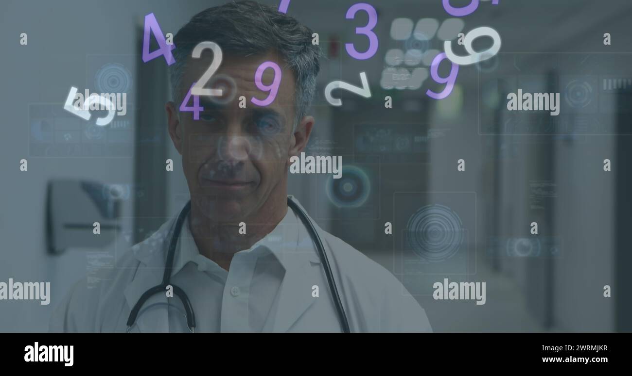 Bild von Zahlenwechsel und Scope auf Bildschirmen über männlichem Arzt mit Stethoskop Stockfoto