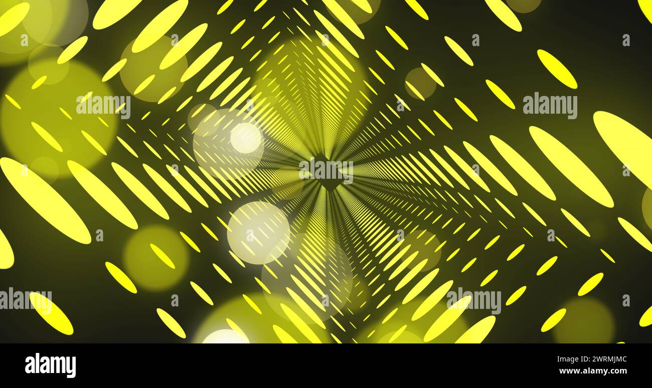 Bild von gelben Neonflecken und digitalem Tunnel auf schwarzem Hintergrund Stockfoto