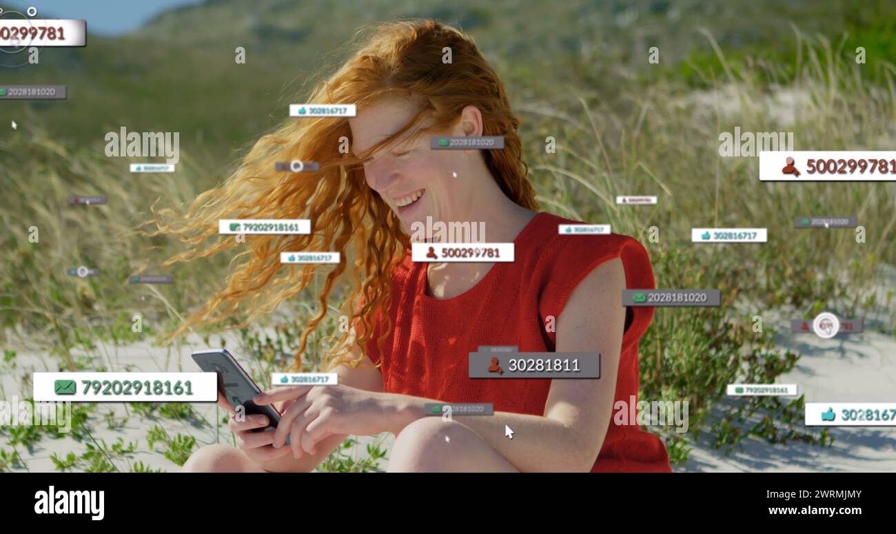 Bild der Mediensymbole über der kaukasischen Frau mit Smartphone Stockfoto