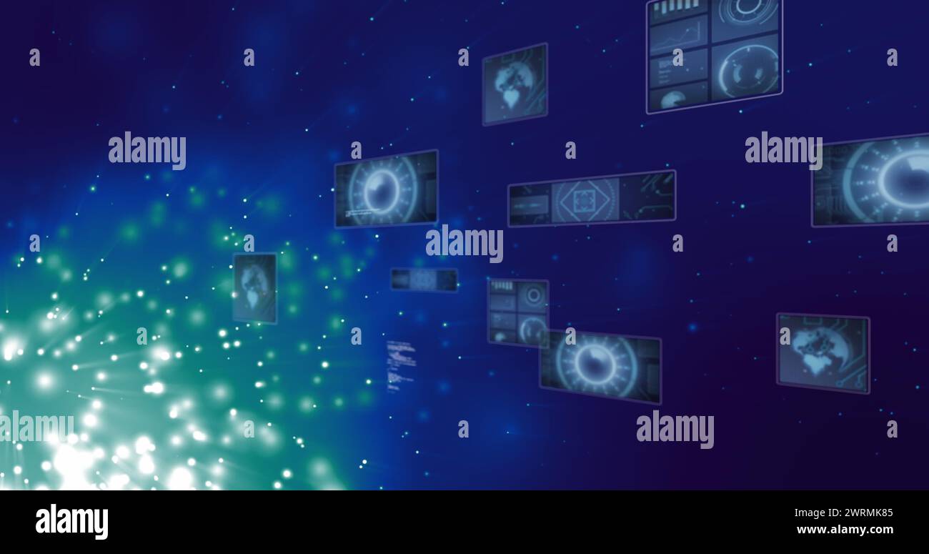 Bild des Scans und der Datenverarbeitung von Oszilloskopen über Bildschirmen auf dunklem Hintergrund Stockfoto