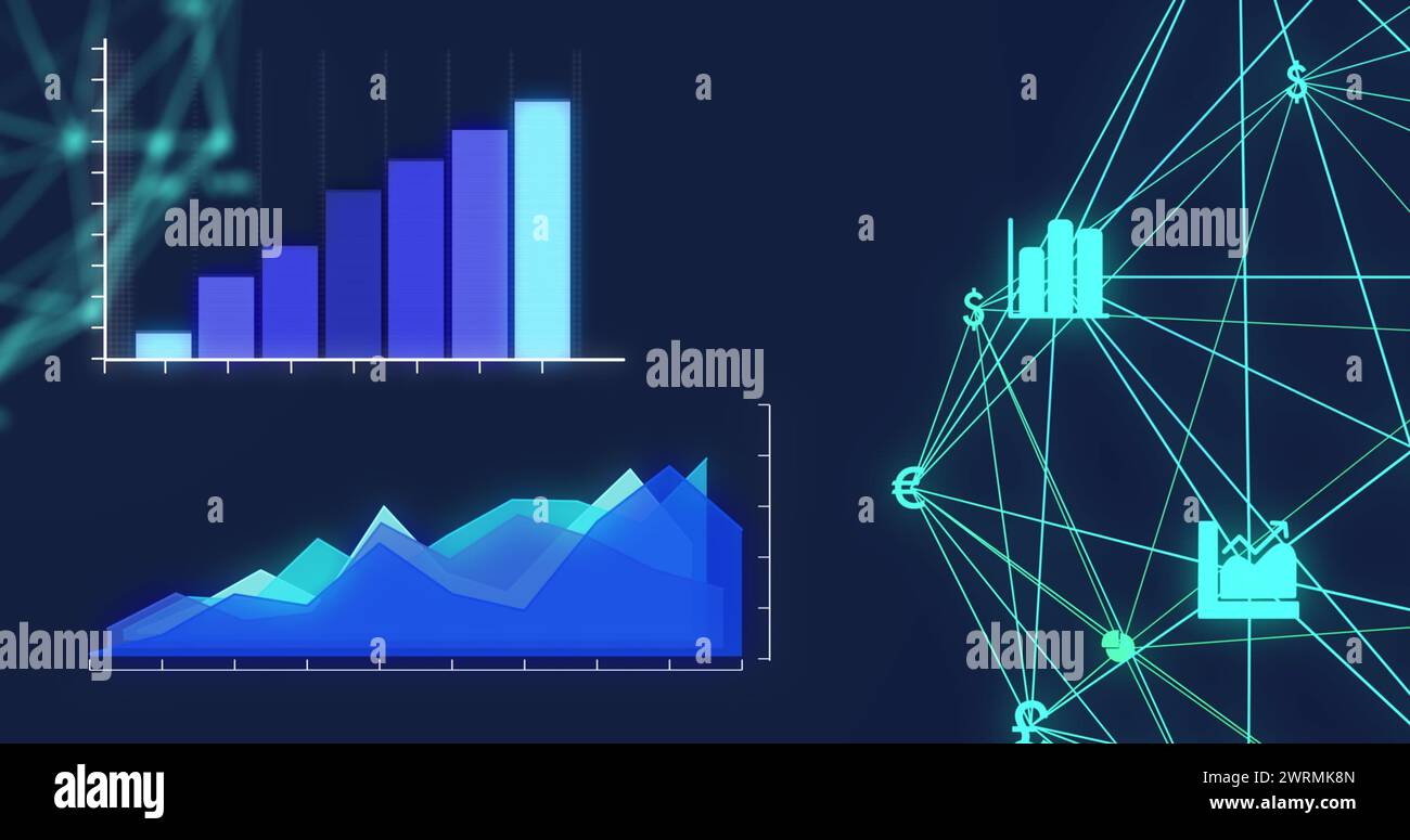Digitales Bild der statistischen Datenverarbeitung und Globus mit digitalen Symbolen vor blauem Hintergrund Stockfoto