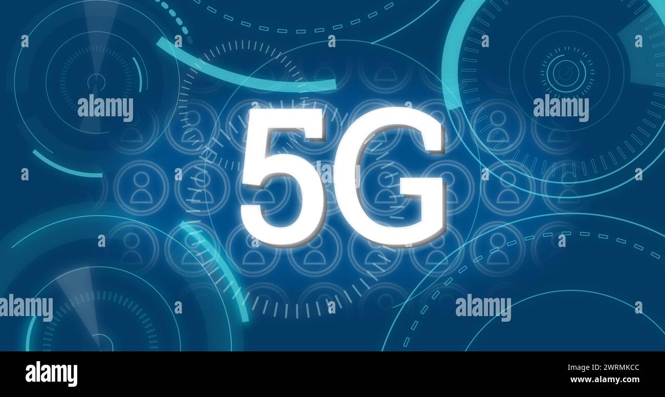 Digitales 5G-Bild mit dynamischen Kreisen und Personensymbolen auf blauem 4K-Hintergrund. Stockfoto