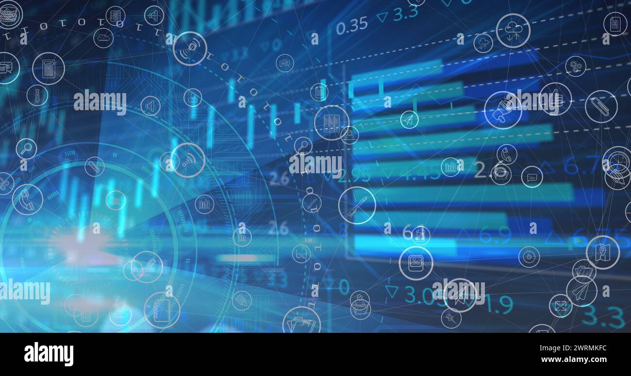Bild von digitalen Symbolen über Oszilloskopen, die auf blauem Hintergrund scannen Stockfoto