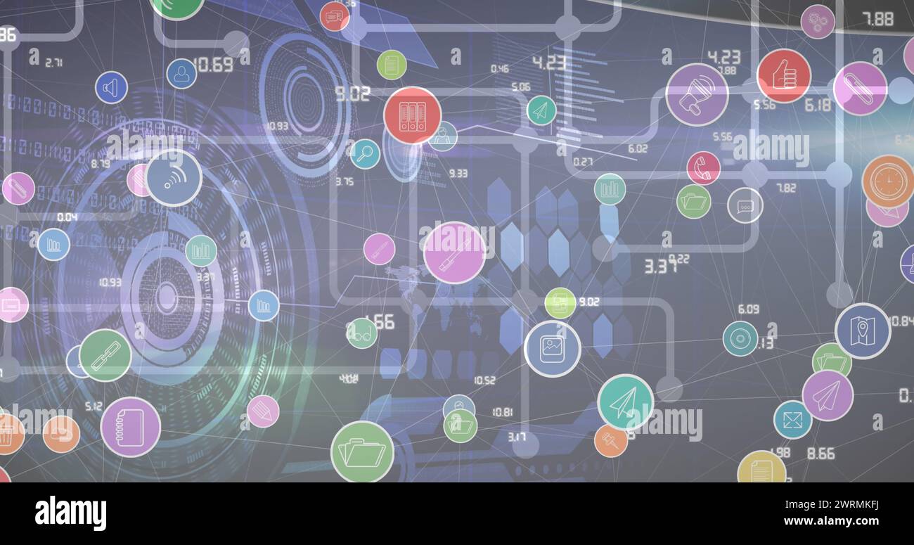Bild von digitalen Symbolen über Oszilloskopen, die auf grauem Hintergrund gescannt werden Stockfoto