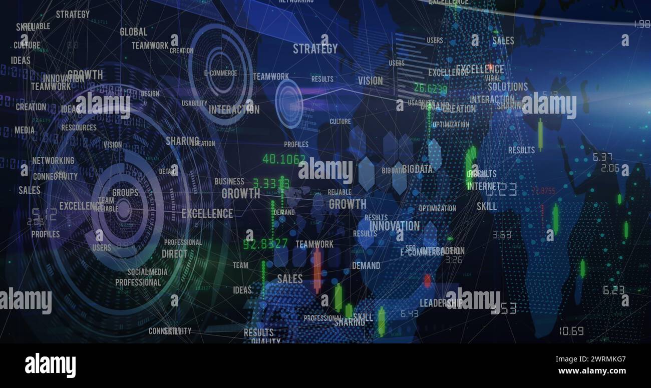 Bild der Datenverarbeitung, Scopes und Business Text auf blau Stockfoto