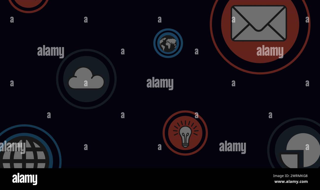 Bild von digitalen Symbolen und Datenverarbeitung über Raster im Hintergrund Stockfoto