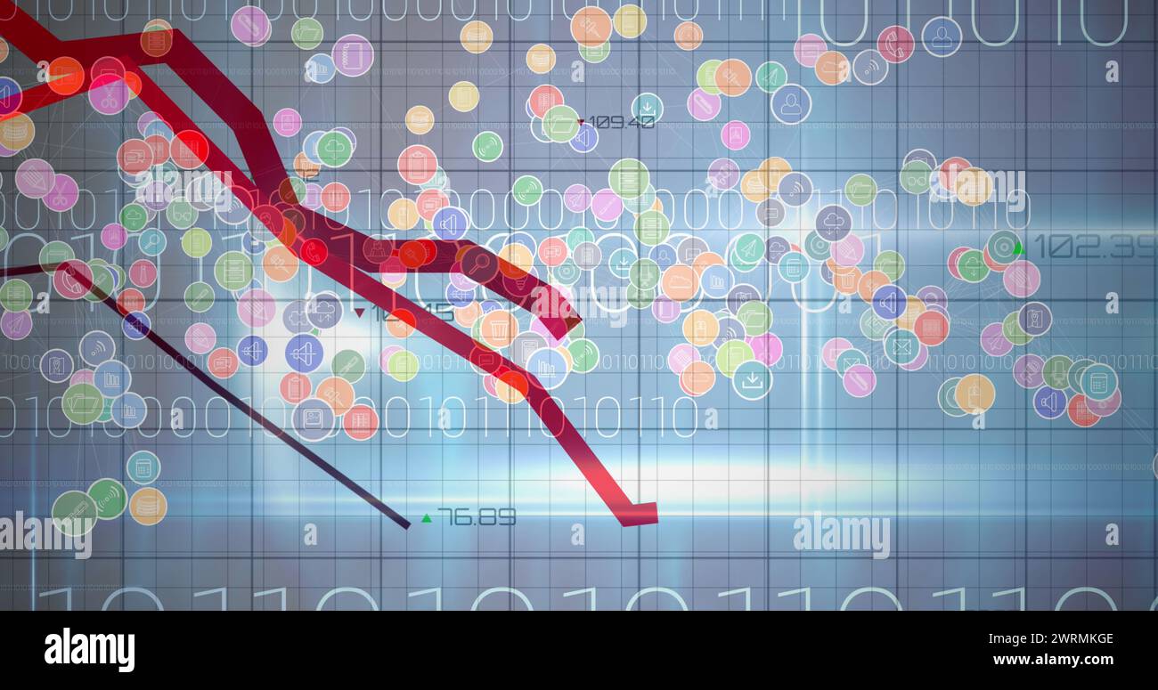 Bild der Verarbeitung roter Linien, digitaler Symbole und binärer Codierung auf blauem Hintergrund Stockfoto