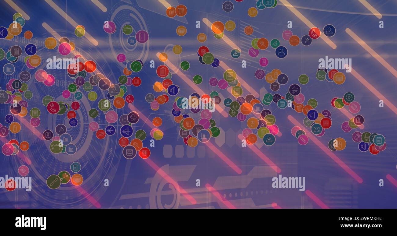 Bild von digitalen Symbolen über Scopes Scannen und Datenverarbeitung im Hintergrund Stockfoto