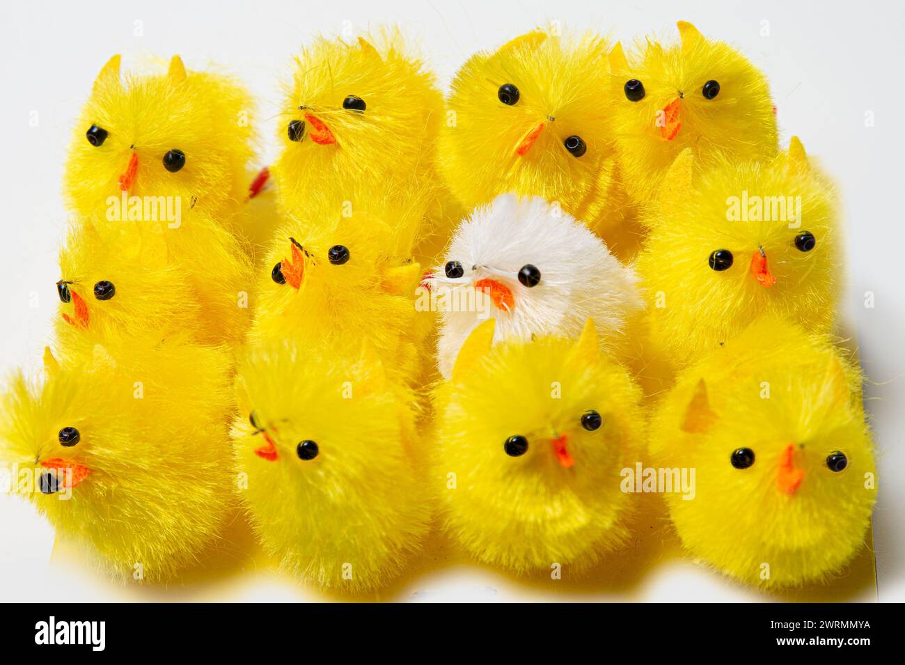 Gelbe und weiße Hühnerdekoration zum Osterfest. Stockfoto