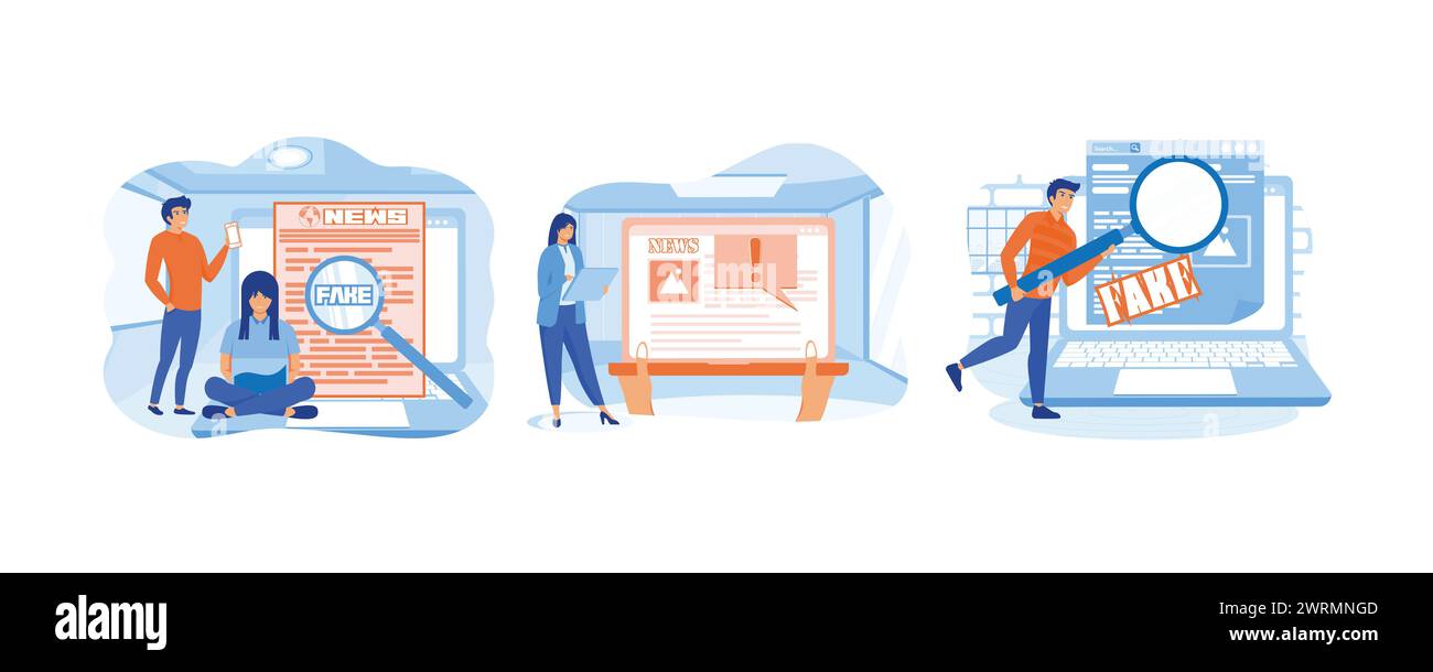 Fake News. Wichtige Neuigkeiten. Mann mit Lupe überprüft gefälschte Nachrichten auf der Website am Computer. Moderne Illustration des flachen Vektors festlegen Stock Vektor