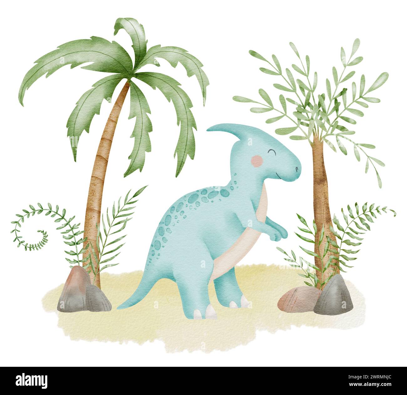 Dinosaurier in der Natur Aquarellillustration. Handgezeichnet auf isoliertem Hintergrund. Dino und Palmen für süßes T-Shirt mit Cartoon-Print für Jungen oder Mädchen. Perfekt für Geburtstagskarte oder Einladung zur Babyparty. Stockfoto