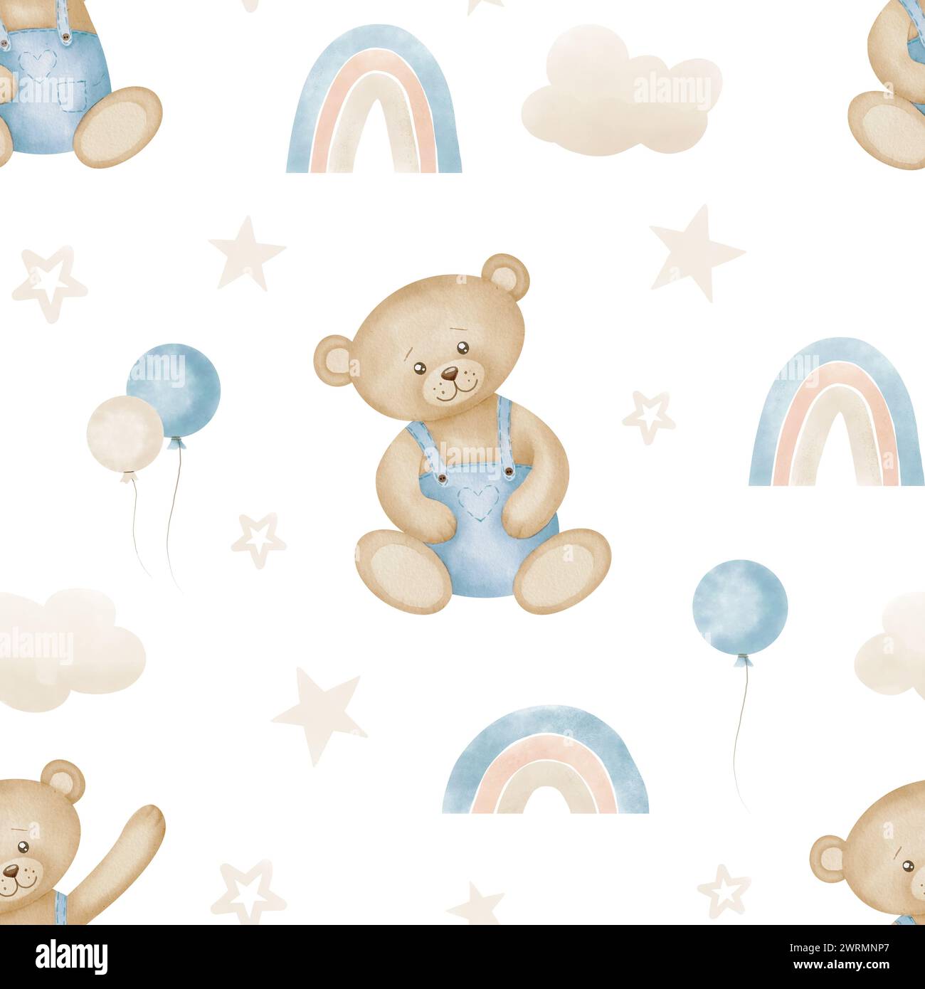 Nahtloses Teddybär-Muster. Aquarellhintergrund mit niedlichem Spielzeug, Regenbögen und Sternen für Babytextilien oder Geschenkpapier. Illustration mit kindlichem Charakter mit Wolke in Pastellfarben. Stockfoto